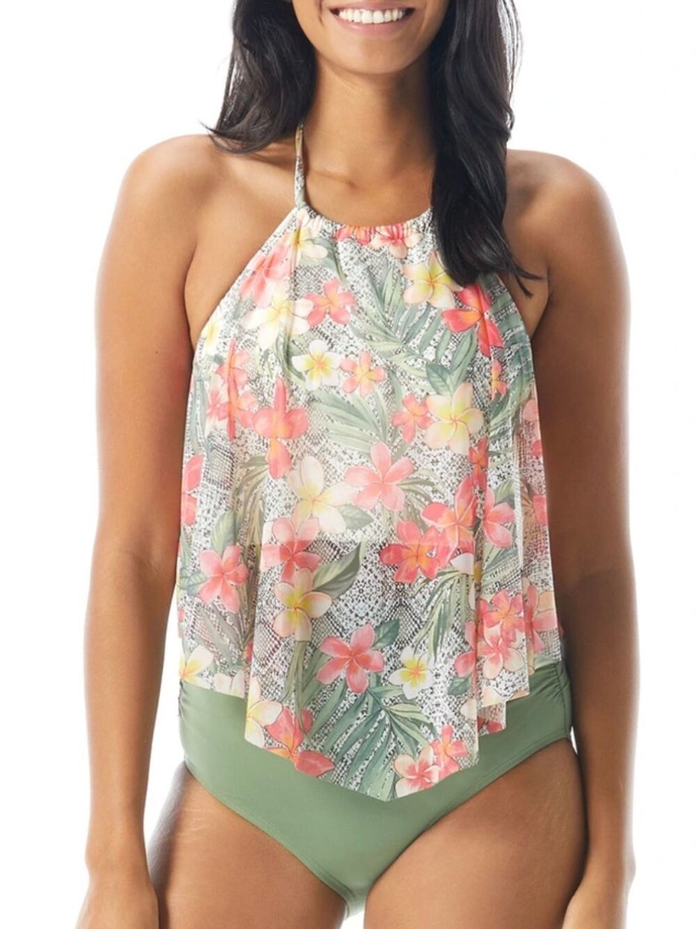 Coco Reef Aura Mesh Ruffle Cropped Underwire Swim Tankini Top 34D Monaco NWT